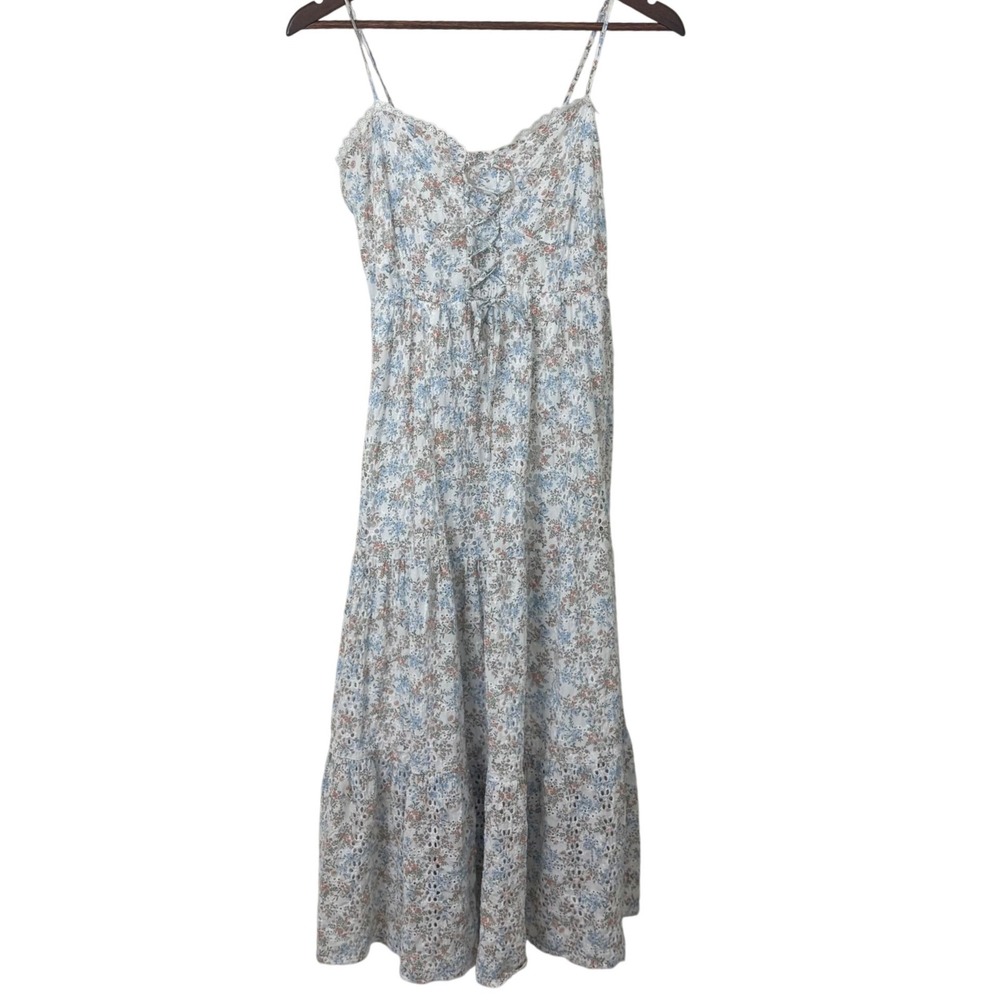 Audrey Parks Eyelet Cottage Midi Dress Womens Small White Floral Lace Up Prairie